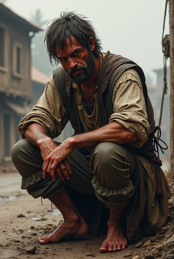 digital art, concept art, portrait drawn on paper of a medieval merchant after surviving a fire, dressed in threadbare clothes with burns on his face and blood on his arms, sitting by the roadside, sad and tired, dark grim tone