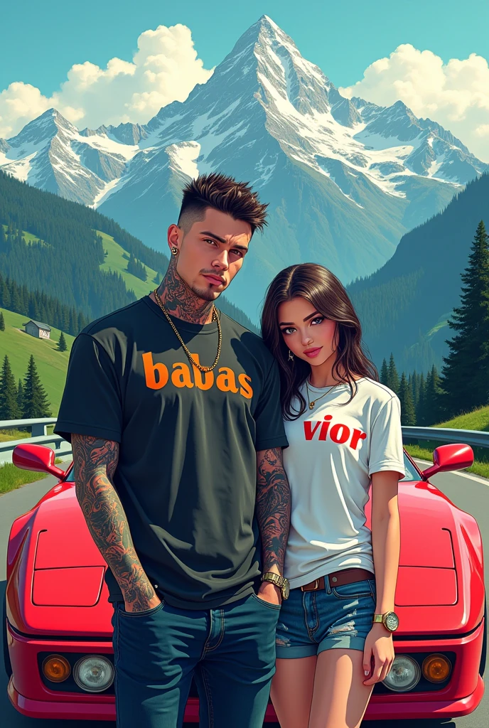 Draw an anime character of a tattooed man with pierced ears and wearing a shirt that says babas on the right chest.,with a girl beside him,with a shirt that says vior on the right chest and an f40 car behind him,with mountain views,