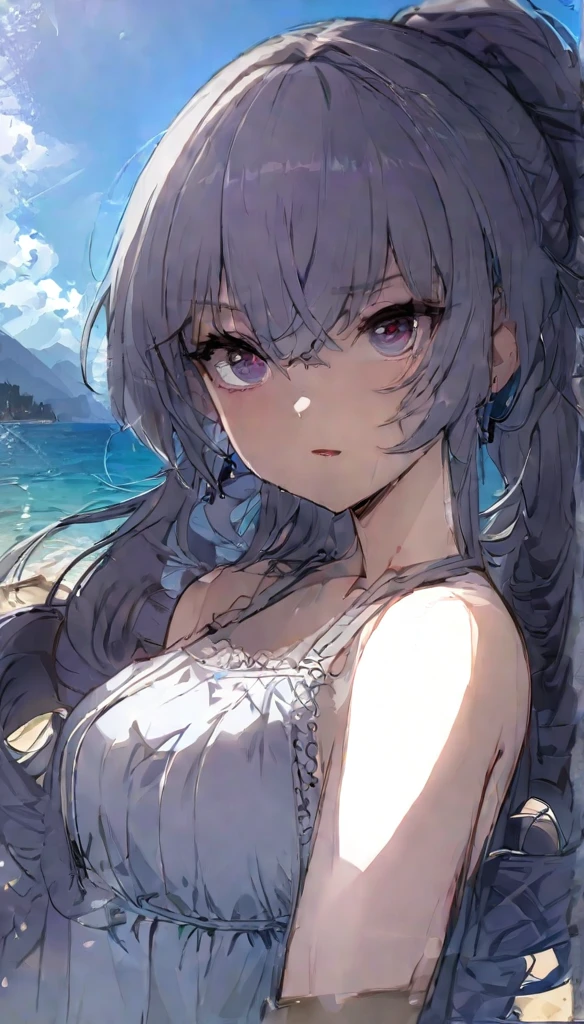 (((masterpiece))), (portrait), scattered light, Dynamic Shadows, Clear focus, detailed, Dress , Anatomically correct, A loving face, Beach with mountain background, looking off to the side, Bronya, whole body, Bronya,front