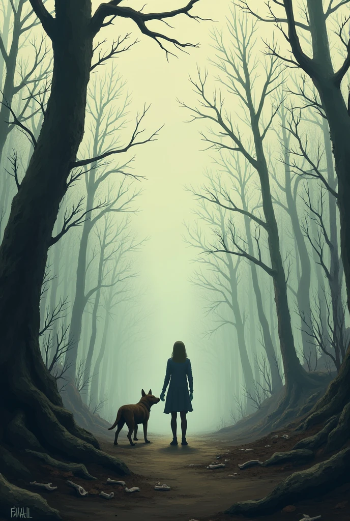 I want a picture of a dog and a human being who is alone in the forest and all the animals have died and they are both alive