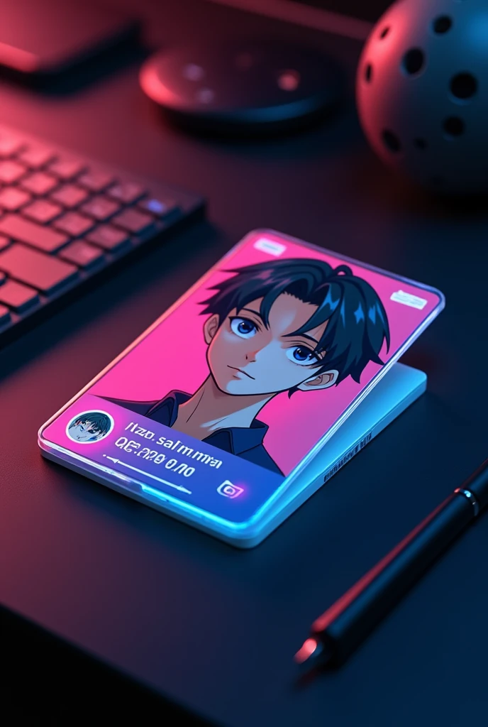 creat a instagram profile and glass id card on a black desk displaying instagram logo and realistic profile photo of a anime boy in circle and " itz.salim.770 " is written in bold fonts under the profile photo and "100k follower" written the instagram card is glowing in pink and blue color on the edge, instagram full profile