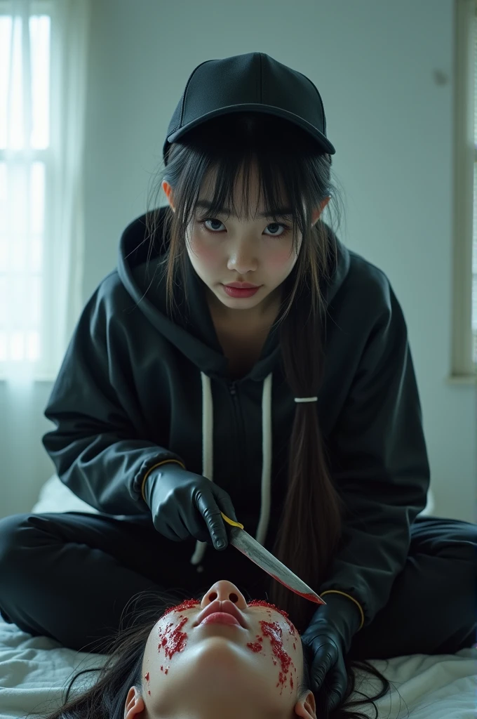 korean girl, (behind stiff, holding knife), stabbing, black gloves, white room, black raincoat, looking at viewer, black wet suit, trucker hat, holding knife, black gloves, woman on top, behind cadaver, blood splatter, on the bed, looking at viewer, mass murderer, killer, low ponytail, blood splatter, atmospheric realistic, light from the window,