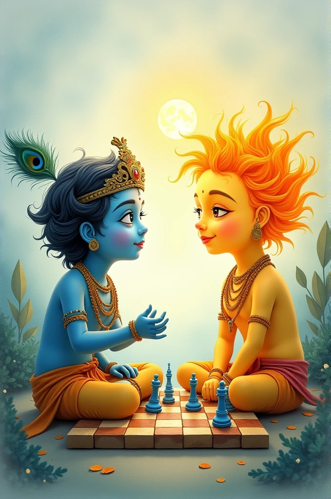 Very little cute blue colour lord krishna playing chess with sun