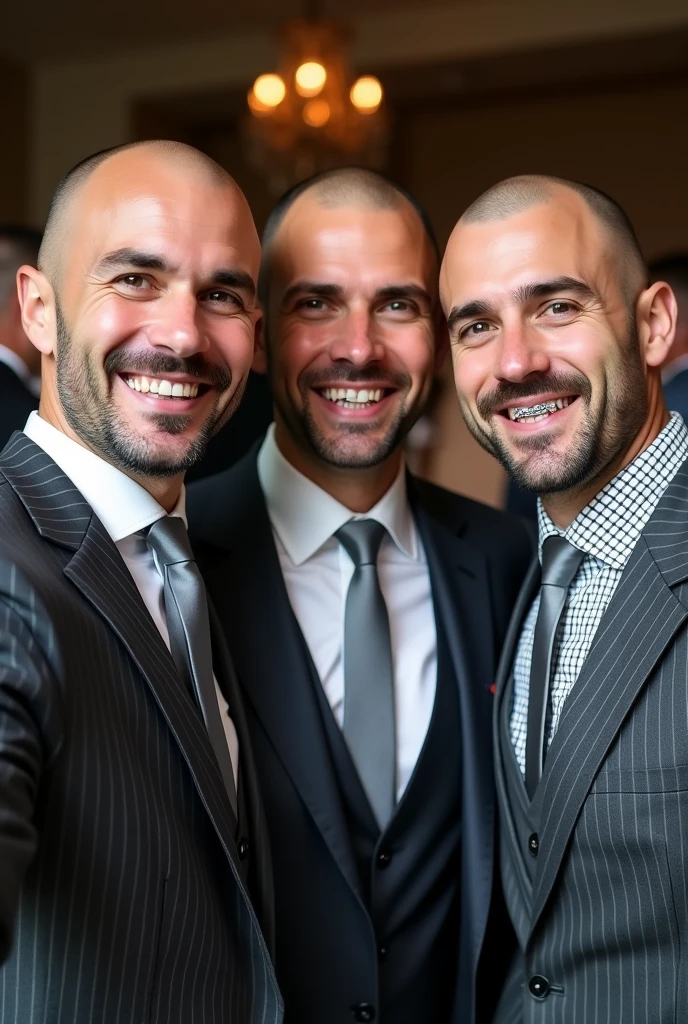 3 white man with braces, baldie, stark, with black goatee with small smile, in a gray striped suit, black and white checkered dress shirt and silver tie at a wedding party taking a selfie