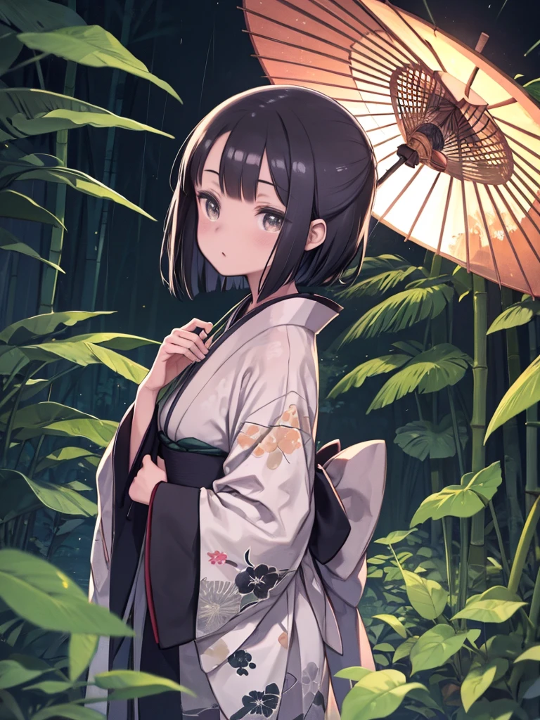 Dynamic ink painting of a Japanese bamboo forest, Great art, Amazing depth, Ground level shot, The most beautiful bamboo forest in the world, Bamboo leaves shining in rainwater, moon\(pale\) In light cloudy weather,alone, One beautiful girl\(Aristocrats of Ancient Japan, Beautiful kimono, Beautiful long black hair\) looking up at the moon holding an umbrella,Light rain, Fireflies flying around, Bamboo leaves are arranged three-dimensionally in the foreground., Long Shot,Colorless,whole body