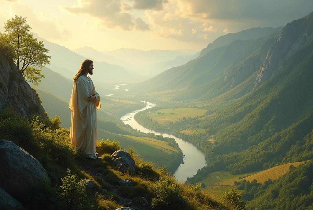 Open bible, forests, rivers and fields can convey majesty and divine protection, 8k, realistic, jesus in the background