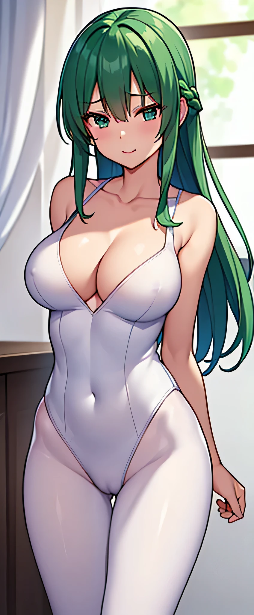 (((Not Nsfw)))、(((solo)))、(Young adult women、2)、masterpiece:1.3、Highest quality:1.3、Ultra-Realistic Capture、Very detailed:1.3、High resolution 16k、Accurate Face、Accurate Eyes、(( Natural white skin、Moist and radiant skin))、Long Hair、Green Hair、Blue eyes、Braid、Half Up Hair、(((leotard)))、(((U-neck)))、((Blue leotard))、slim、((White Pantyhose))、(((Very large breasts、Big Breasts、cleavage、collarbone)))、(((Slender body、Thin body)))、(((Bare shoulders, Bare Arms)))、(indoor)、(Large windows, Are standing)、(((Not Nsfw)))