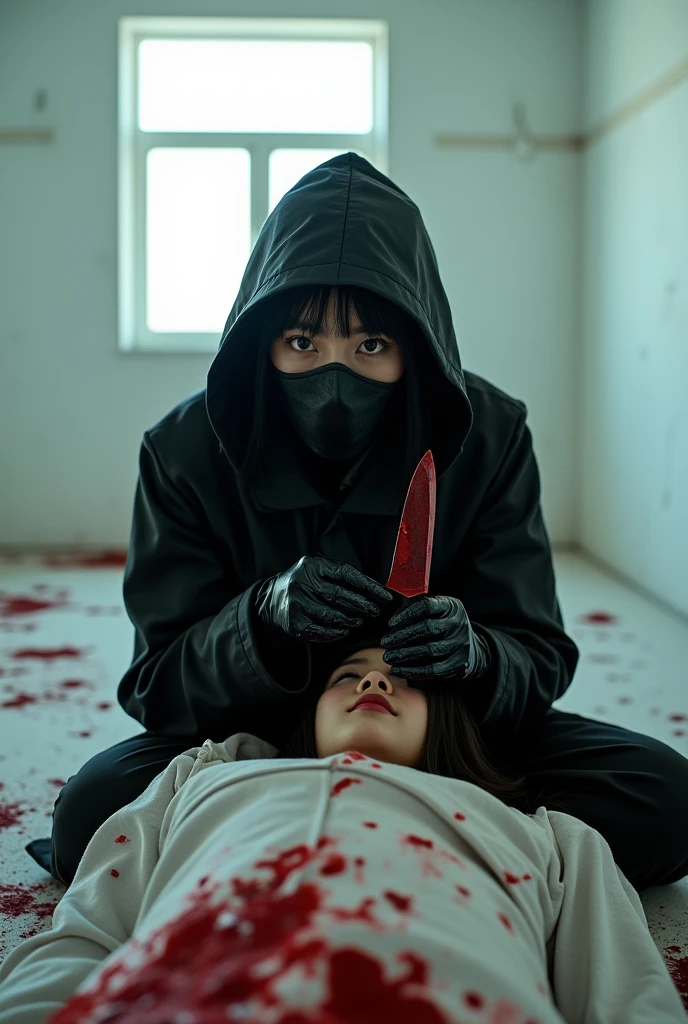 korean girl, (behind stiff, holding knife), stabbing, leather balaclava mask, black gloves, bloody room, black raincoat, bloody knife, black gloves, woman on top, white room, behind cadaver, blood splatter, on the bed, looking at viewer, mass murderer, killer, blood splatter, light from the window, close-up,
