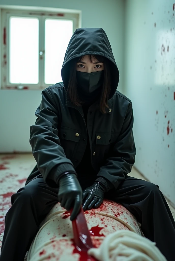 korean girl, (behind stiff, holding knife), stabbing, leather balaclava mask, black gloves, bloody room, black raincoat, bloody knife, black gloves, woman on top, white room, behind cadaver, blood splatter, on the bed, looking at viewer, mass murderer, killer, blood splatter, light from the window, close-up,