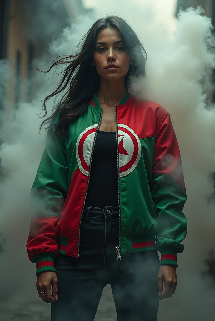 1. A woman wearing a Tunisia flag jacket stands amidst swirling smoke, embodying a blend of national pride and mystery.