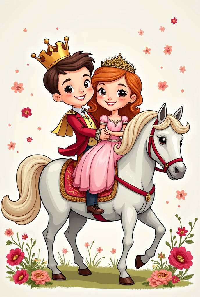 High detail vector drawing of a princess and prince's wedding on a white horse. The drawing is in a cartoonish way and they show their entire bodies in the picture. Colorful line art drawing. Vector drawing.