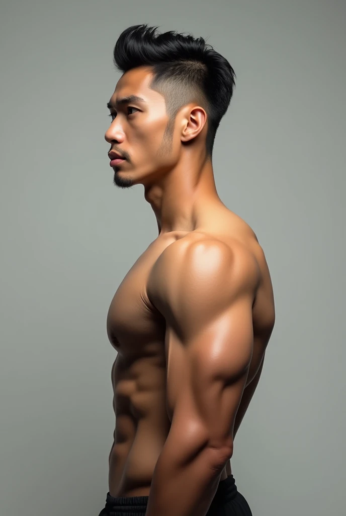 Light skin asian man, muscular with large pecs, side view from waist up