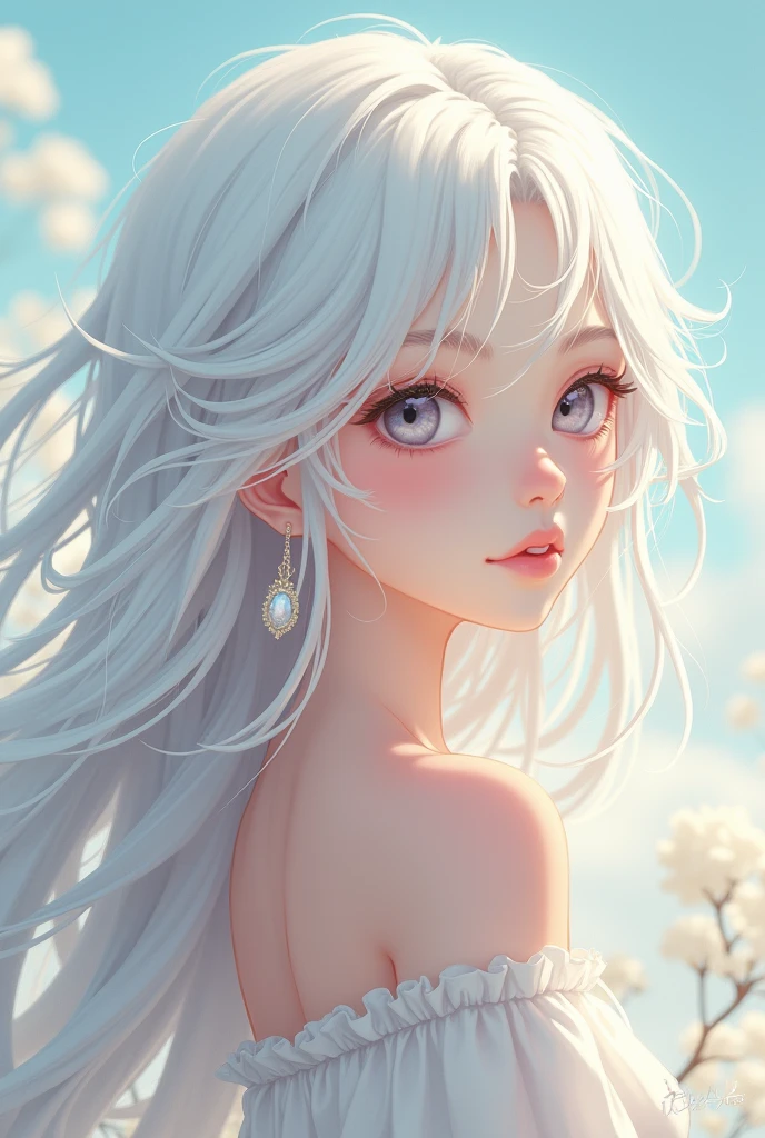 You could create a female character with an anime aesthetic who has long, almost white, platinum hair that conveys innocence and kindness., pale and flawless skinLong shag cut with longer layers at the back of the head and voluminous bangs with soft waves yes a versatile cut.