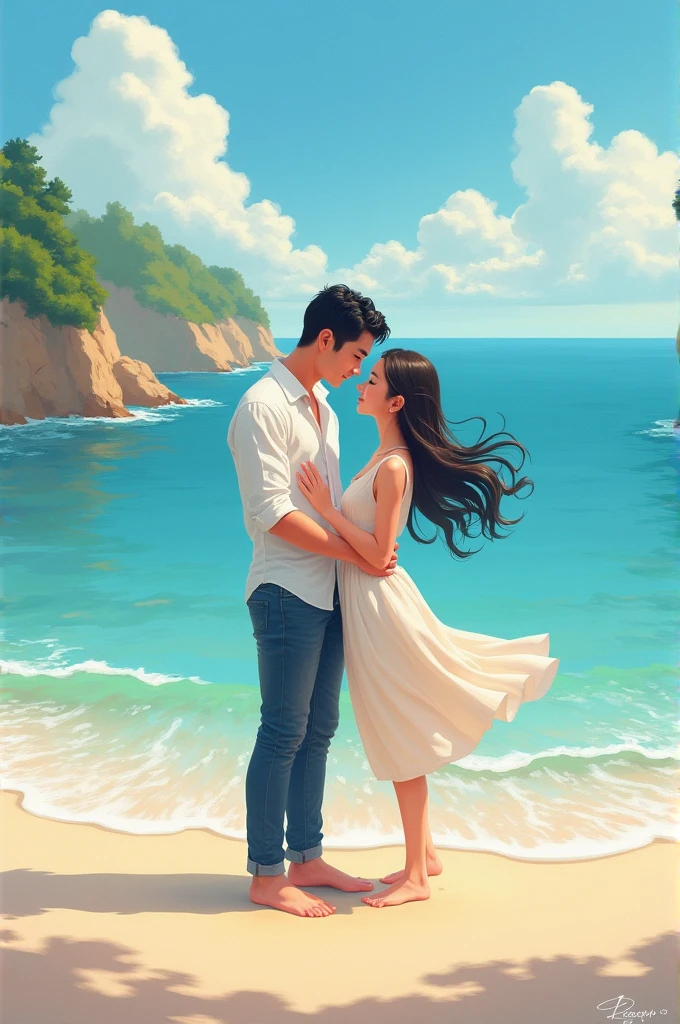 korea manhwa, Girl and men are couple,in sea.