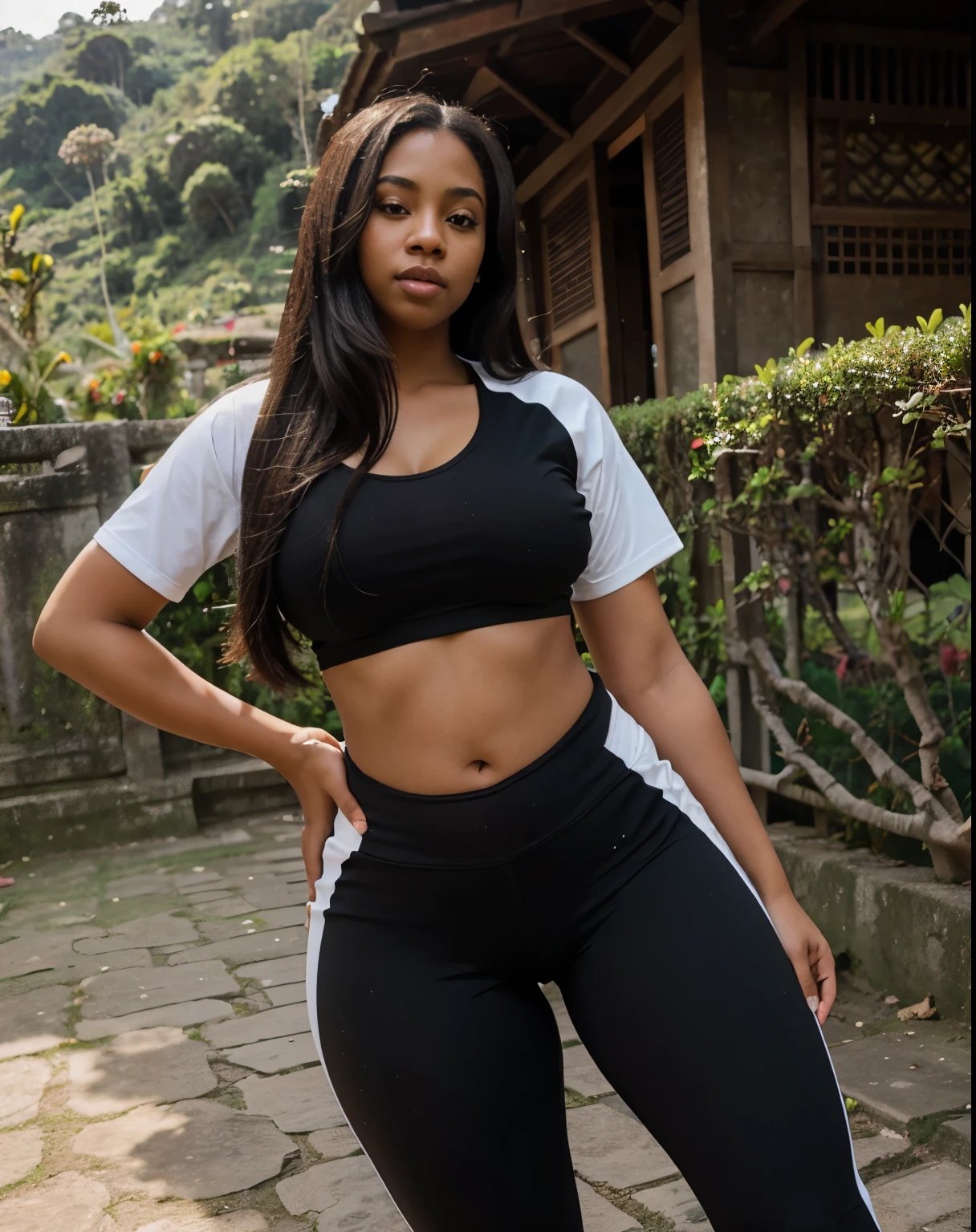 Mixed black ethnicity, curvy girl, long straight hair, wide hips, curvy body, wearing sport clothes, climbing a mountain in bali, sexy body