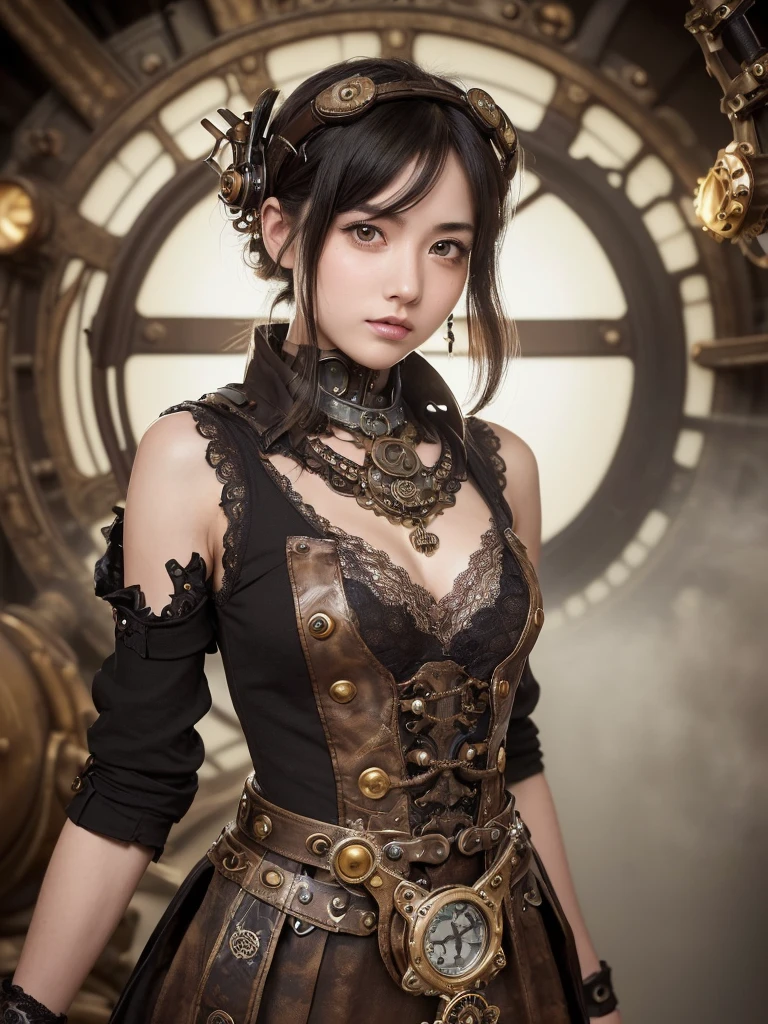 Columbian 13 year old girl, half body view, detailed european face, (aspiring facial expression), (((steampunk style close))), ((steampunk city on the background)), RAW, ultra detailed photograph, cinematic lighting, artstation, 4K, sharp focus, high resolution, detailed skin, detailed eyes,underwear