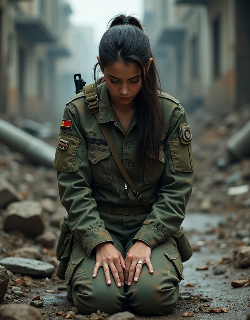 (Photorealism:1.2), sexy woman soldier, A girl praying in combat fatigues.