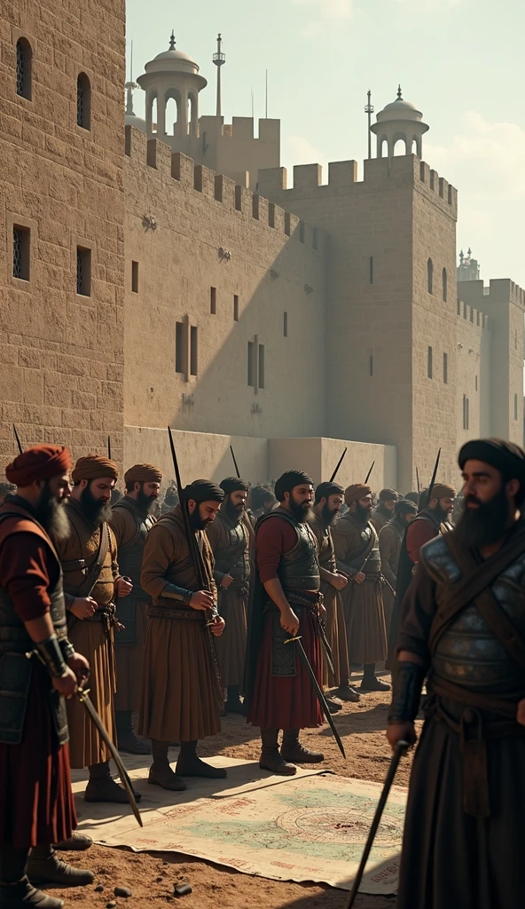 Create a highly detailed, ultra-realistic scene of Thariq bin Ziyad's forces preparing for an assault on a fortified city. Thariq and his warriors, all dressed in traditional Islamic warrior attire, including turbans, leather, and iron armor, are shown in intense preparation. Some warriors are sharpening their swords, others adjusting their armor, while a few are strategizing over a map. The fortified city looms in the background with imposing walls and watchtowers. The scene is illuminated with cinematic lighting, creating deep shadows and emphasizing the tension and anticipation of the upcoming battle. Epic color grading enhances the contrast between the cool, dark tones of the environment and the warm, earthy hues of the warriors' attire, adding to the grandeur and intensity of the scene