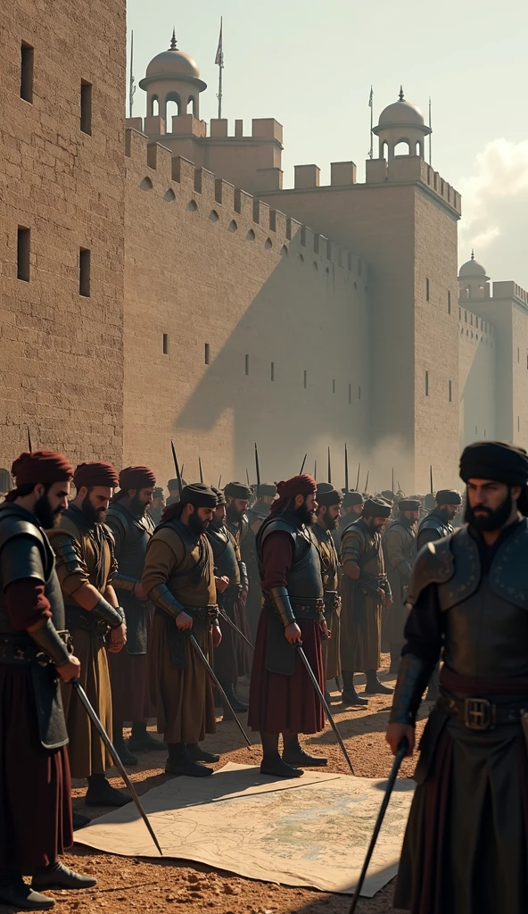 Create a highly detailed, ultra-realistic scene of Thariq bin Ziyad's forces preparing for an assault on a fortified city. Thariq and his warriors, all dressed in traditional Islamic warrior attire, including turbans, leather, and iron armor, are shown in intense preparation. Some warriors are sharpening their swords, others adjusting their armor, while a few are strategizing over a map. The fortified city looms in the background with imposing walls and watchtowers. The scene is illuminated with cinematic lighting, creating deep shadows and emphasizing the tension and anticipation of the upcoming battle. Epic color grading enhances the contrast between the cool, dark tones of the environment and the warm, earthy hues of the warriors' attire, adding to the grandeur and intensity of the scene
