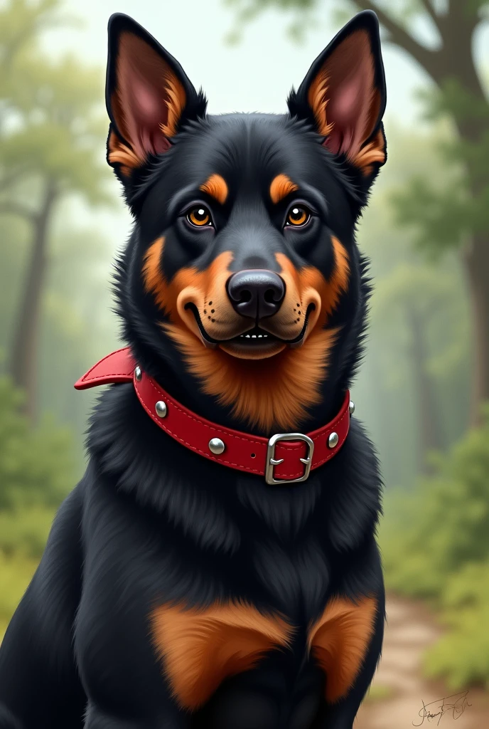 Realistic illustration of a rottweiler dog mixed with a German shepherd, has a red collar, Friendly face, has drooping ears. He has a wide snout.