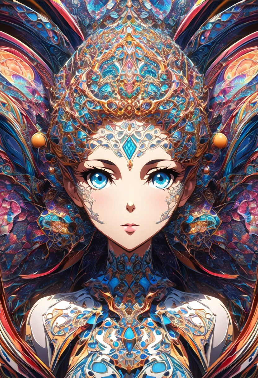 Ink painting, (((1 girl )), (((Tattoo in the middle of the forehead))), (((Oiran))), (((Great hair accessories))), Demon possession, , (((Masterpiece、Top quality للصورة、Highest quality、وحدة Very detailed 8ｋWall paper))), ((And covered with jewelry, an illustration of a single girl、All body covered))、(((beautiful girl))), (Masterpiece, Top quality, Best quality, Official art, Beautiful and aesthetic:1.2), A girl stood alone in front of an amazing work of art., Her eyes are wide with admiration., (Very detailed), Face up close, (Fractal art:1.3), All body covered بدقة, The intricate patterns and colors of the Fractal artwork surrounded her, Every line and curve is carefully designed..Colorful spirals and geometric shapes blend seamlessly., Resulting in the creation of a stunning piece that captured the essence of abstract beauty.. (Top detailed), Every little detail is meticulously drawn., She invited viewers to explore the depths of art and lose themselves in its complexities..