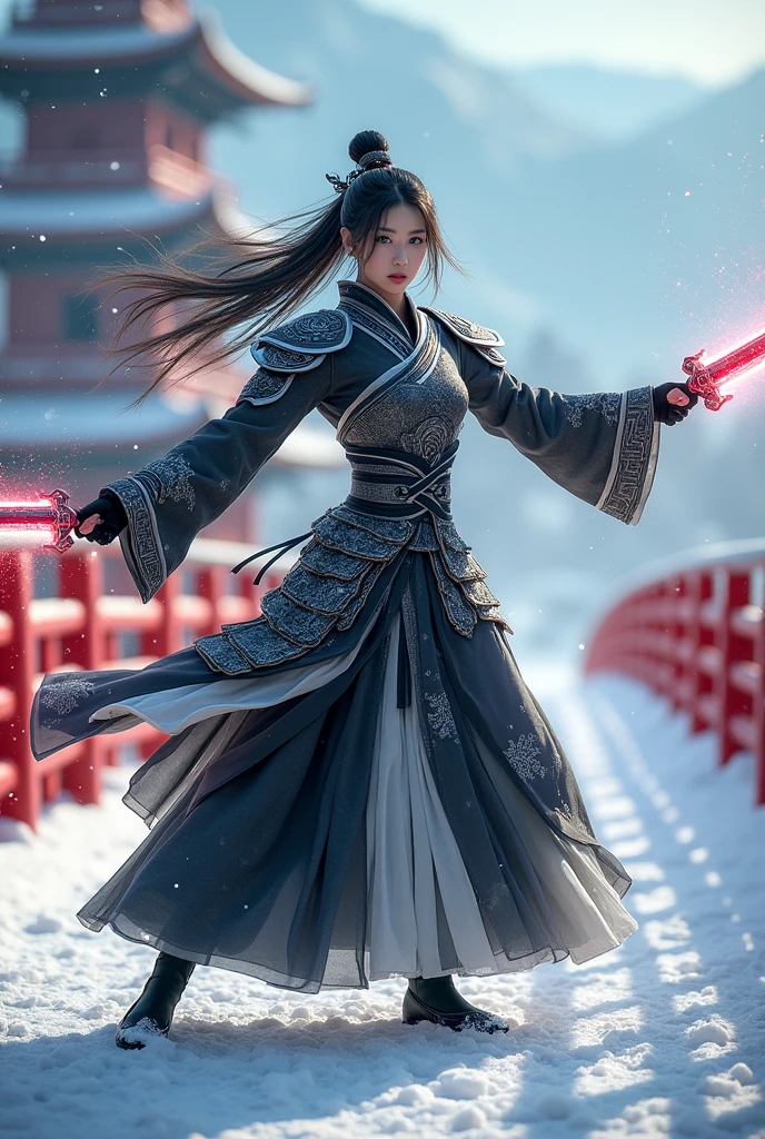 (masterpiece, best quality, beauty, best ratio, best shadows,best Illustration, wallpaper size,1080×2400 pixels,detailed face,pastel colors)
uhd, china female kungfu, korean beauty like tae yon, dancing, full posture fully visible, shining blue eyes, windblown short hair, wear black and white full general armory leather, hand holding dual sword emits red energy, on top the snowing china red bridge. blue sky, red pagoda and snowflake seen on far away.use the RenderMan renderer.digital art.High definition, high contrast, high color saturation ,128k,cinematic lighting, intricate,cinematic advertising photograph,cinema lens,high res.