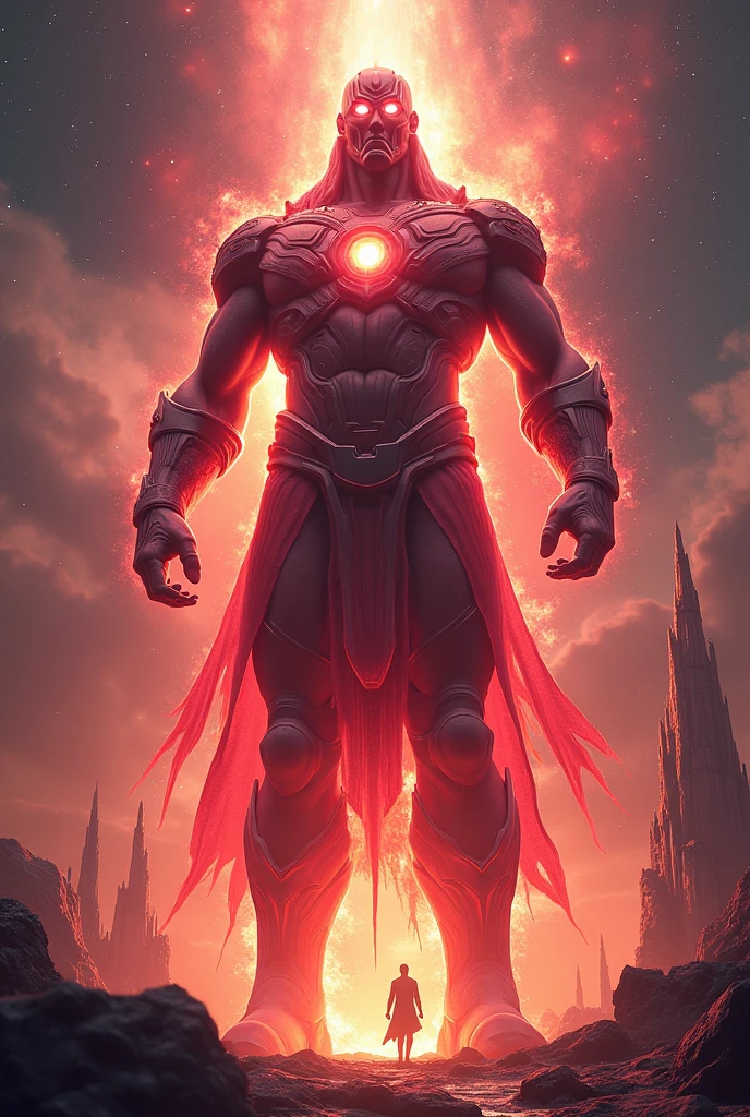 create a red celestial from marvel,[igual as hqs] Staring at me, with very realistic celestial scenery, in 4k wallpaper