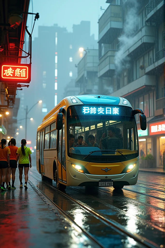 masterpiece: A street in a cyberpunk style city on a rainy day. The street is wet, Reflective road markings shine, Steam and foul-smelling smoke rise from sewer and subway vents. A futuristic bus painted in light blue, with the yellow roof and white stripes is picking up passengers from a stop. The bus has its lights on and its headlights reflect in the raindrops. The passengers are men dressed in yellow sports shirts., green and orange, They are wearing black running shorts. The buildings are lit up with lights and neon signs.. On a sign you can read "IA_yuan". Street lamps illuminate the street and are reflected in the water.maximum detail. quality digital art cyberpunk style. golden hour.