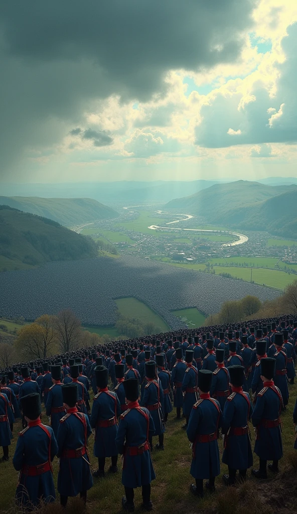 A cinematic panorama of a battlefield with 2 million French soldiers arrayed in formation. The soldiers are clad in Napoleonic-era uniforms, showcasing vivid blue coats and imposing tall shakos. The vast scene stretches across rolling hills and a winding river in the background, with the soldiers meticulously aligned beneath a dramatic, storm-laden sky. The atmosphere captures the grandeur and tension of the historical conflict.