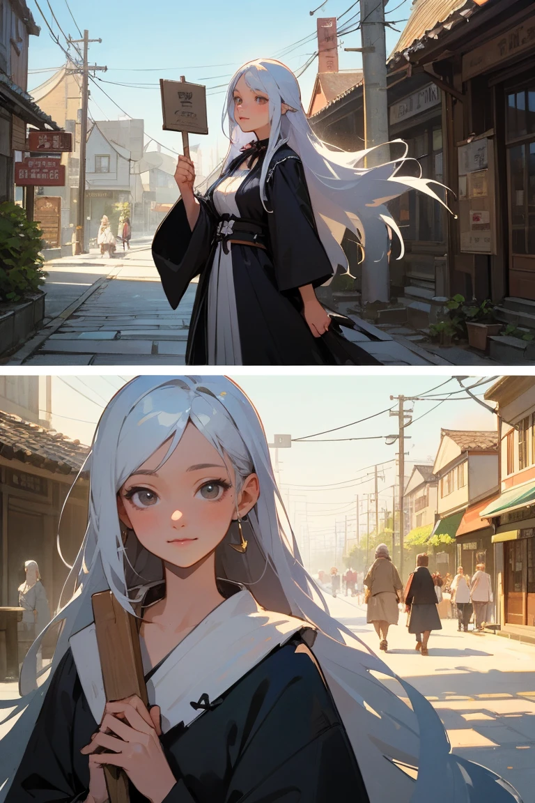 Illustrations for children's picture books,realistic, detailed illustration,A serene town center with an elderly witch as the focal point. The witch has long white hair tied up and a kind, gentle expression. She's holding up a sign that reads 'Happy Bento Shop' in Japanese characters. Around her, curious townspeople of various ages are gathering, their faces showing interest and excitement. The overall atmosphere is warm and inviting, with a touch of magic in the air., hand-painted style, digital art touch,(illustration:1.5), (Watercolor:1,2)