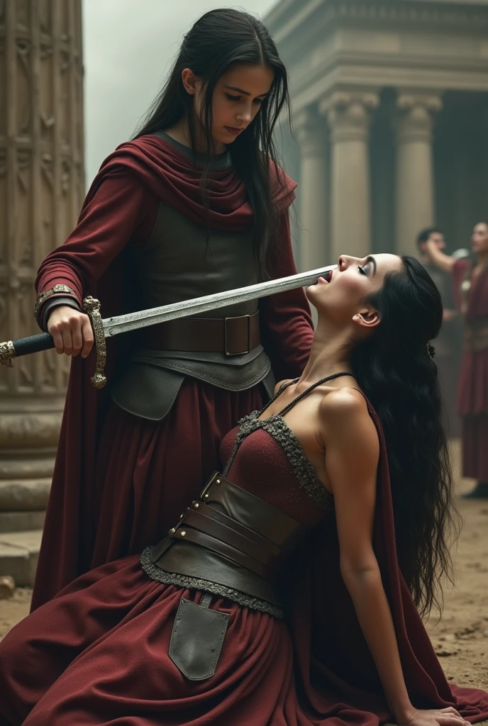 Realism, super quality, action photography style, a defeated woman kneels, her son (12 years) holds the tip of a sword to a woman's throat, knife stab in the throat, Her head is thrown back strongly.., the woman has a large manly Adam's apple, (woman - 30 year old warrior, Woman's face, gothic makeup, pale skin, long hair) (son is ) The Roman Empire is fighting