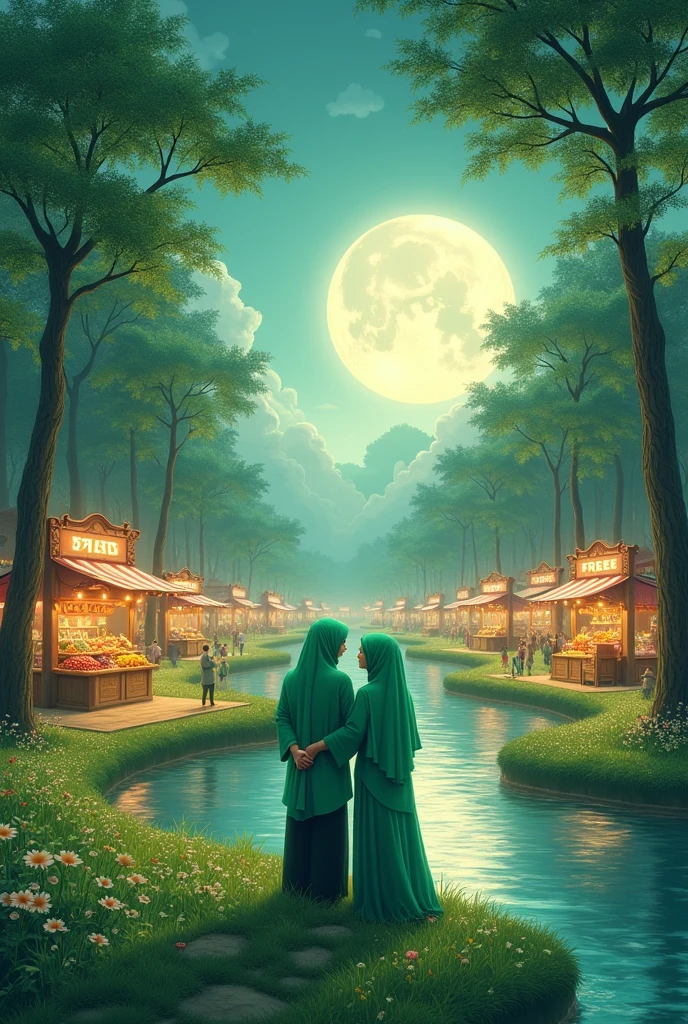 Massive green field , flowing river of fresh water, full moon on the sky, mapple trees on the river side, couple are in green hijab are gossiping in heaven besides them a shop of fruits, sweats, ornaments, every shop titled that free