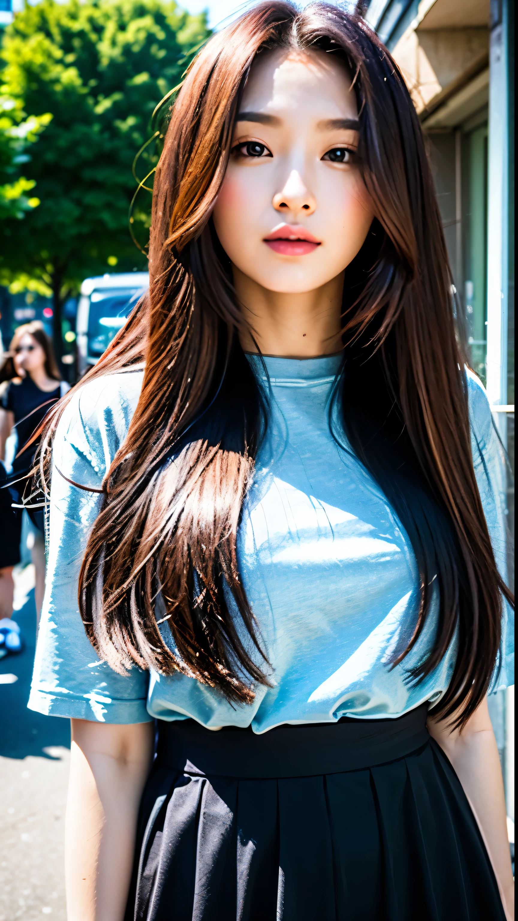 (masterpiece, best quality), 1girl, long hair, shiny hair, looking at viewer, standing, upper body, (urban area:1.2), (natural light:1.1)
