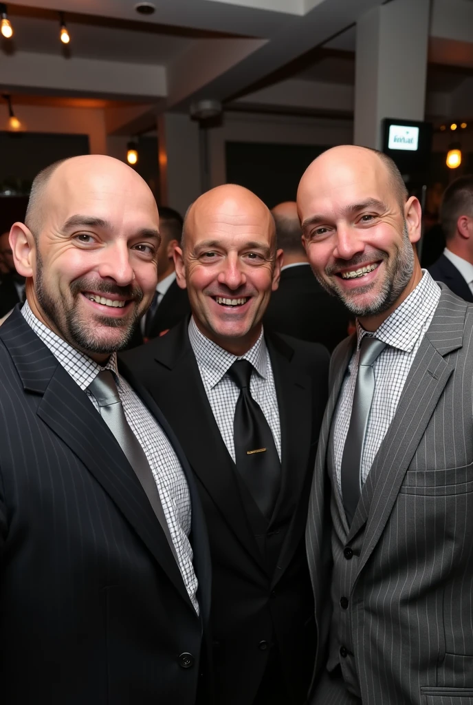 3 white man with braces, baldie, stark, with black goatee with small smile, in a gray striped suit, black and white checkered dress shirt and silver tie at a wedding party taking a selfie alone