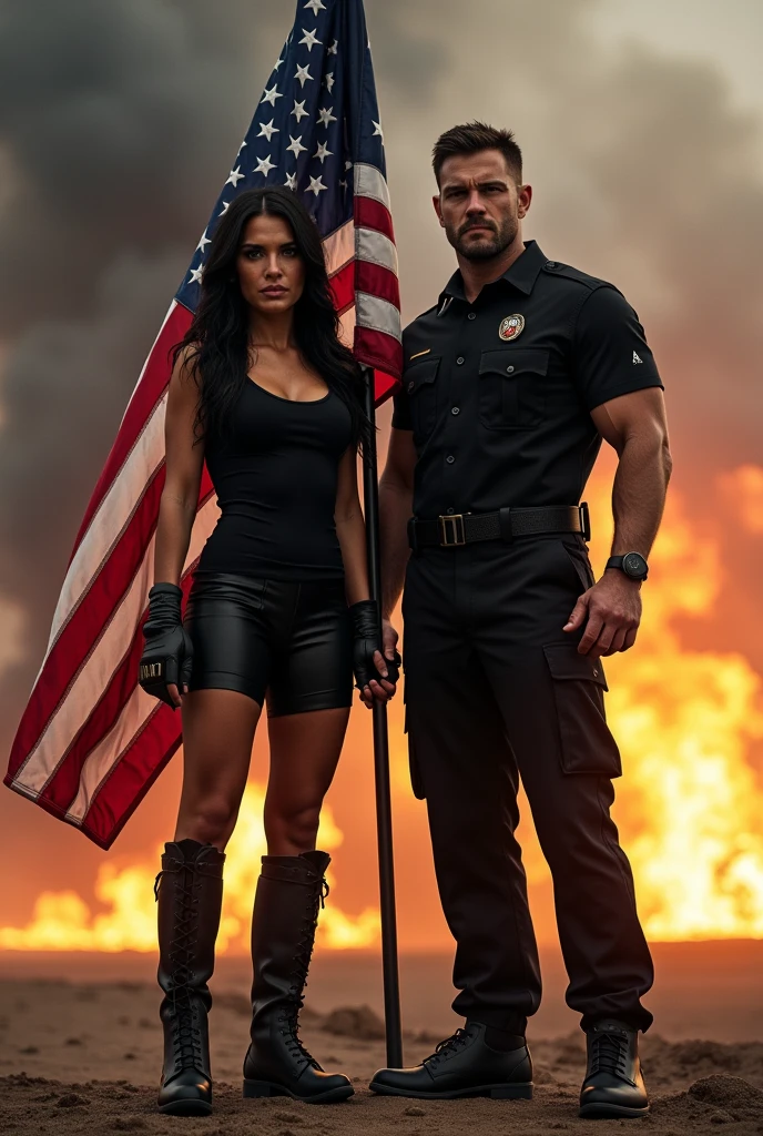 Gina Carano in a boack uniform with black boots standing next to Tall muscular male with black uniform holding the American flag with fire and smoke 