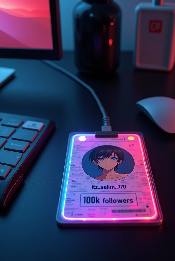 creat a instagram profile and glass id card on a black desk displaying instagram logo and realistic profile photo of a anime boy in circle and " itz.salim.770 " is written in bold fonts under the profile photo and "100k follower" written the instagram card is glowing in pink and blue color on the edge,