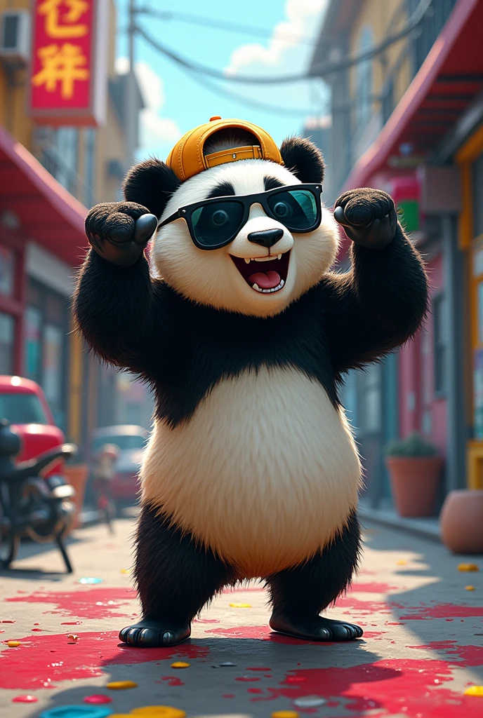 An animated graffiti-style panda with black sunglasses and a backwards cap,hands on head demonstrating "EMOTION"