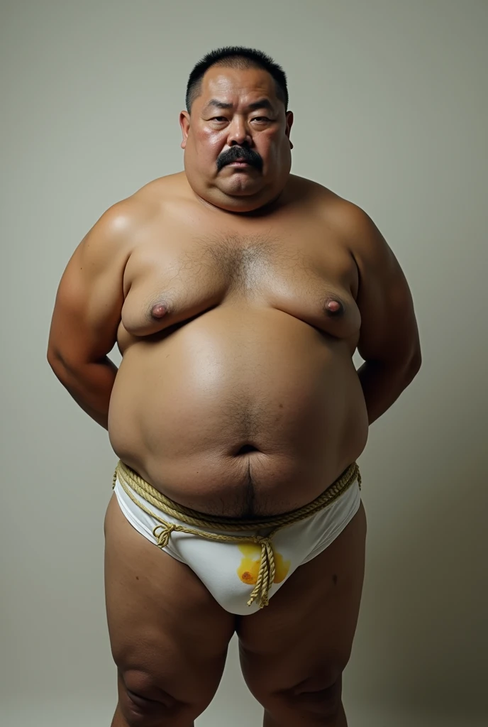 Photorealistic middle-aged obese Japanese male、Single eyelid、6 heads、50th Generation、Metabolic、Short black mustache、Short black buzz cut、Square face、whole body、Fatが着いたマッスルベア、Homosexuals、Full Body、Fat and hulking、Thick and short legs、thick and short arms、Square, thick face、Thick and round waist、Fat Belly、Dark, tanned skin、Hairy、Thick waist、Thick boar neck、Thick Ass、A firm, taut and plump body、M-shaped baldness、Middle Age、Yellow race and dark skin、Metabolic、father、Father、father、Fat、Thin hair、has narrow eyes、Erotic、He was wearing white briefs and had some yellow urine stains around his genitals.、Standing with one arm folded behind his back、It is tied in a tortoiseshell pattern with a thick rope.、Side view, facing towards the viewer、Ultra-realistic high quality、Highest quality, Anatomically correct, Ahegao, tears, I want to cry, Character portrait, 