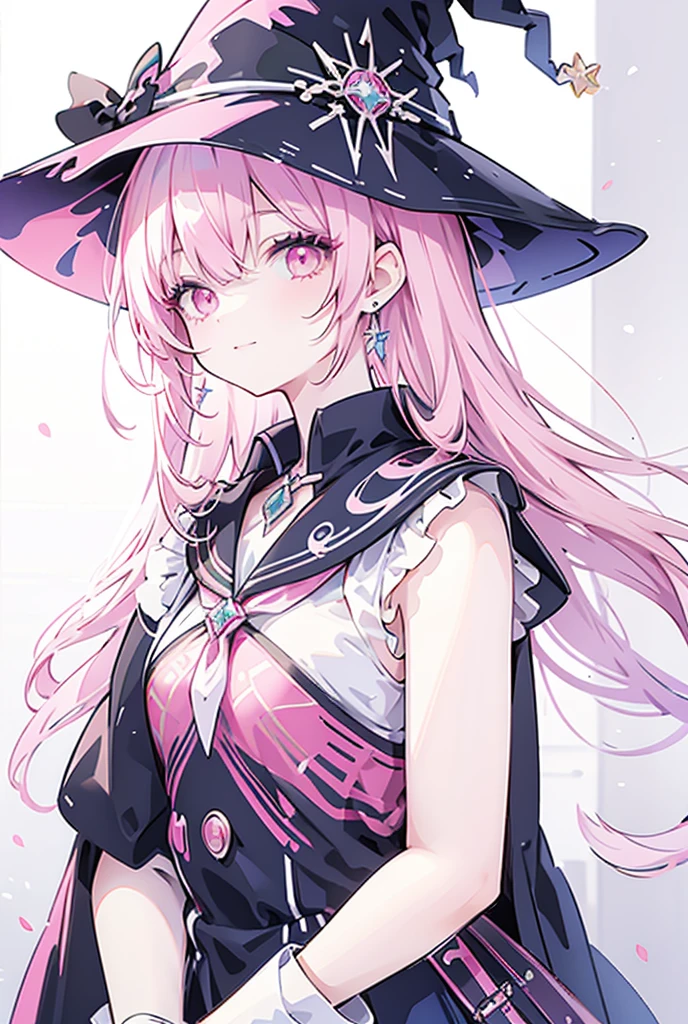 1 , detail, multi-colored hair, hair over one eye, medium hair, Caught on both sides, aretes, pink eyes, make-up, happy/glad, witch's hat, anime styling,