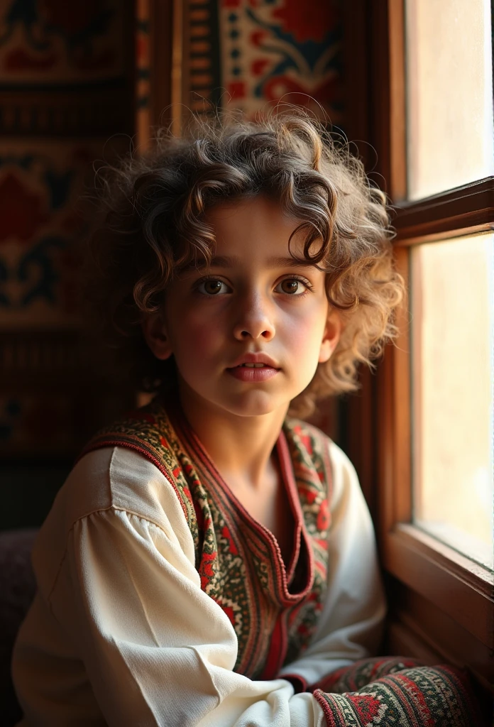 A close-up photograph of a young Rifian person with light brown eyes and curly brown hair, wearing traditional Amazigh attire. They are sitting by a window, with soft, warm sunlight streaming in and highlighting the intricate patterns of their clothing. The expression on their face is contemplative, capturing a sense of curiosity and inner strength. The background is softly blurred, with hints of traditional Rifian decorations, adding depth and cultural context to the scene