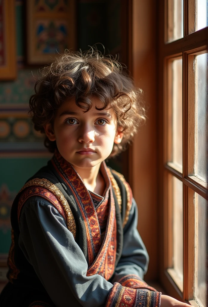 A close-up photograph of a young Rifian person with light brown eyes and curly brown hair, wearing traditional Amazigh attire. They are sitting by a window, with soft, warm sunlight streaming in and highlighting the intricate patterns of their clothing. The expression on their face is contemplative, capturing a sense of curiosity and inner strength. The background is softly blurred, with hints of traditional Rifian decorations, adding depth and cultural context to the scene