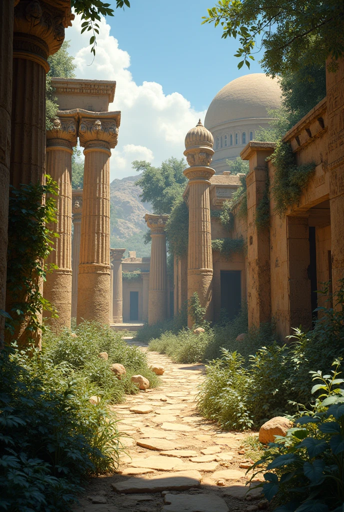 Je veux une photo ultra realiste d'un decor Egypte antique en mode urbex et en ruine envahit par une végétation luxuriante, on dirait une vraie photo, tout est détruit et cassé