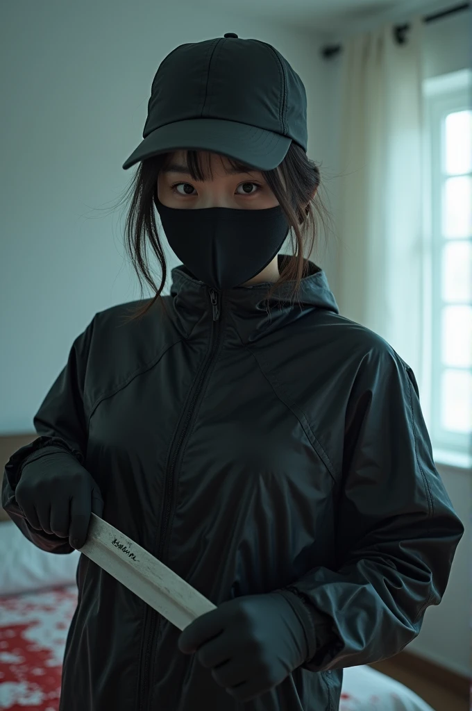 korean girl, (behind stiff, holding knife), stabbing, black surgical mask, black gloves, white room, black raincoat, looking at viewer, black wet suit, trucker hat, holding knife, black gloves, woman on top, behind cadaver, blood splatter, on the bed, looking at viewer, mass murderer, killer, low ponytail, blood splatter, atmospheric realistic, light from the window,
