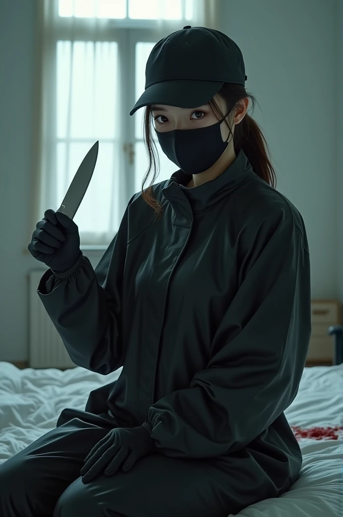 korean girl, (behind stiff, holding knife), stabbing, black surgical mask, black gloves, white room, black raincoat, looking at viewer, black wet suit, trucker hat, holding knife, black gloves, woman on top, behind cadaver, blood splatter, on the bed, looking at viewer, mass murderer, killer, low ponytail, blood splatter, atmospheric realistic, light from the window,