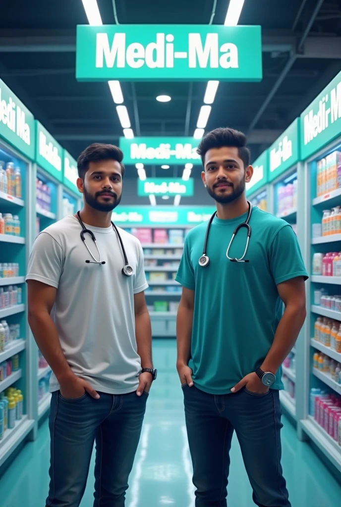 A medical shop which name is medi-ma with two business man one name is piyush and second name is shubham. Stand like business owner with their name also show their name at their t shirt show name very clear one person name is piyush and second person name is shubham show five shop with one name is medi-ma