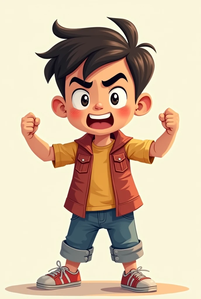 character: A boy or girl with a defiant facial expression, looking straight ahead with raised eyebrows and chin up. You can stand with your arms akimbo (at the waist), in a stance of direct defiance. Image for children