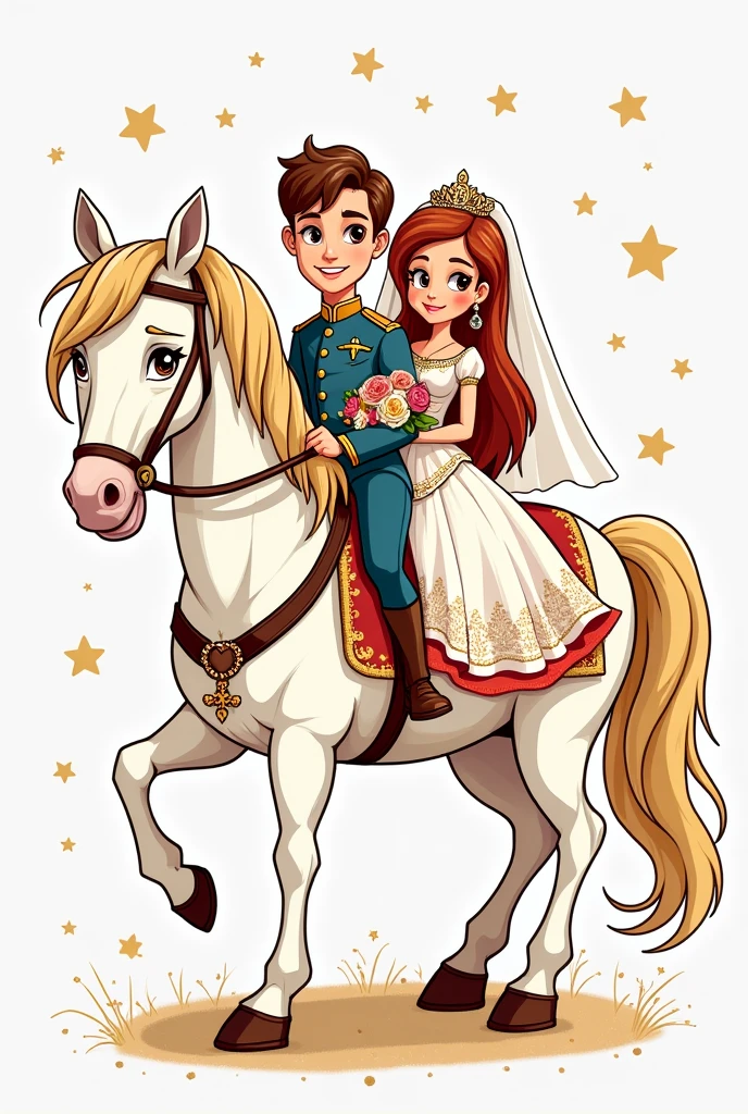 High detail vector drawing of a princess and prince's wedding on a white horse. The drawing is in a cartoonish way and they show their entire bodies in the picture. Colorful line art drawing. Vector drawing.