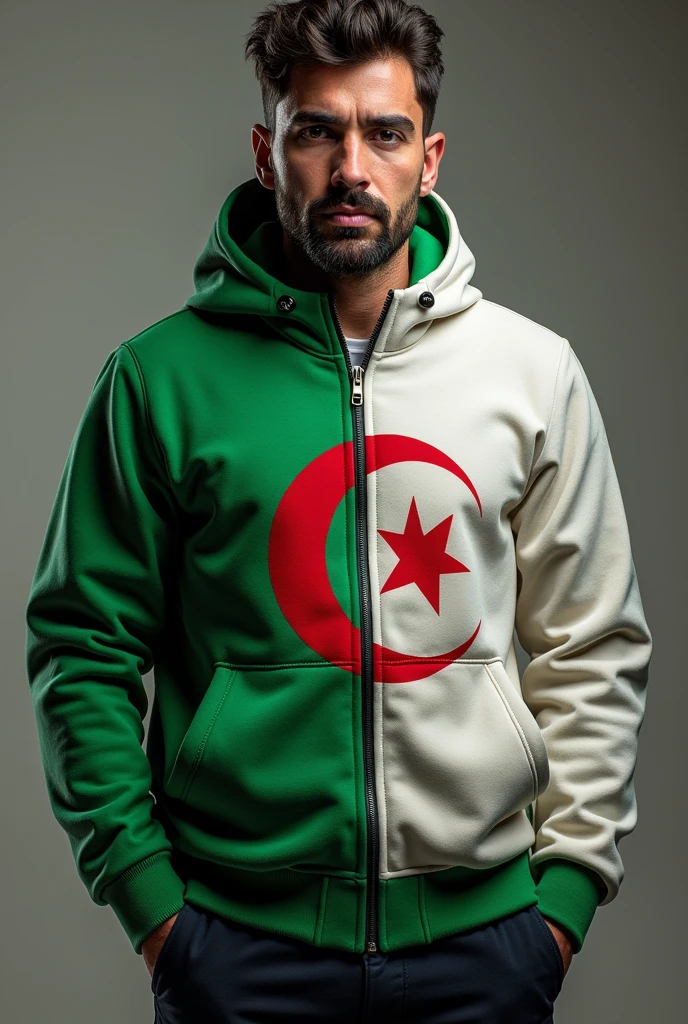 Comfortable jacket featuring vibrant colors and Algerian flag design, Algerian flag is very realistic, the flag is detailed and accurate as found in the world Crescent and star, perfect for showing national pride.