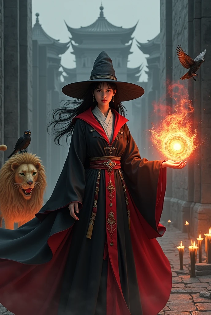 photo, asian woman, white skin, Facing straight, Fluffy black hair, Long slender fingers, Black witch cloak, Red Hood, black witch hat, White collared inner shirt, Red and white patterned tie, There is a fireball in his hand., There were several red sparks and red smoke coming out of his hand., A black owl stands on the right shoulder., A large golden lion appeared from the left rear side., The background is an old black castle.