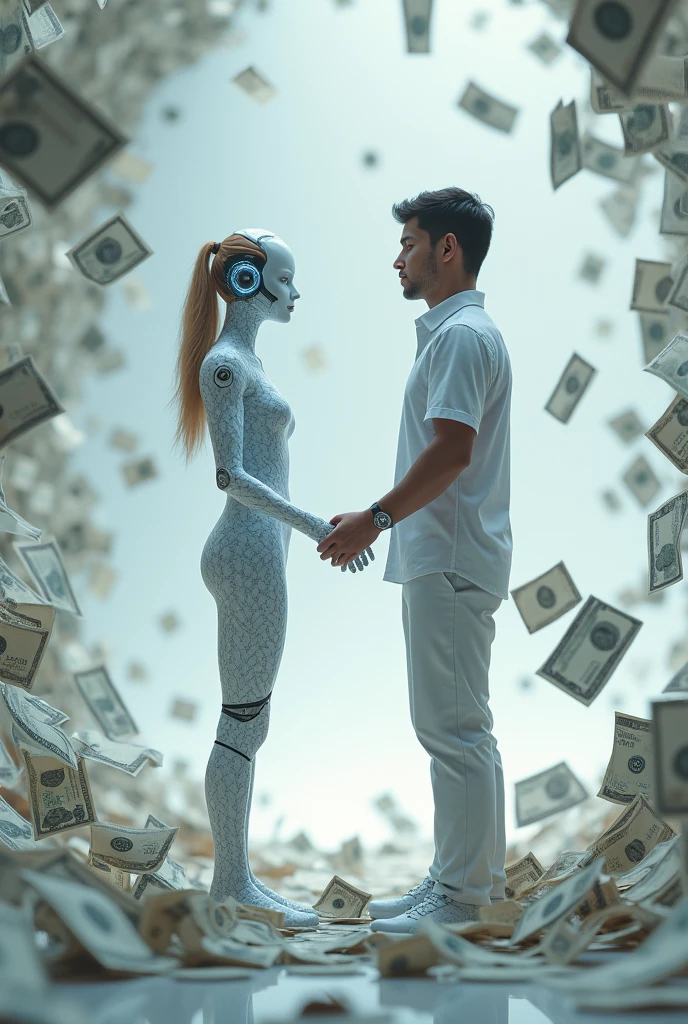 artificial intelligence holding hands with a human, with money around them